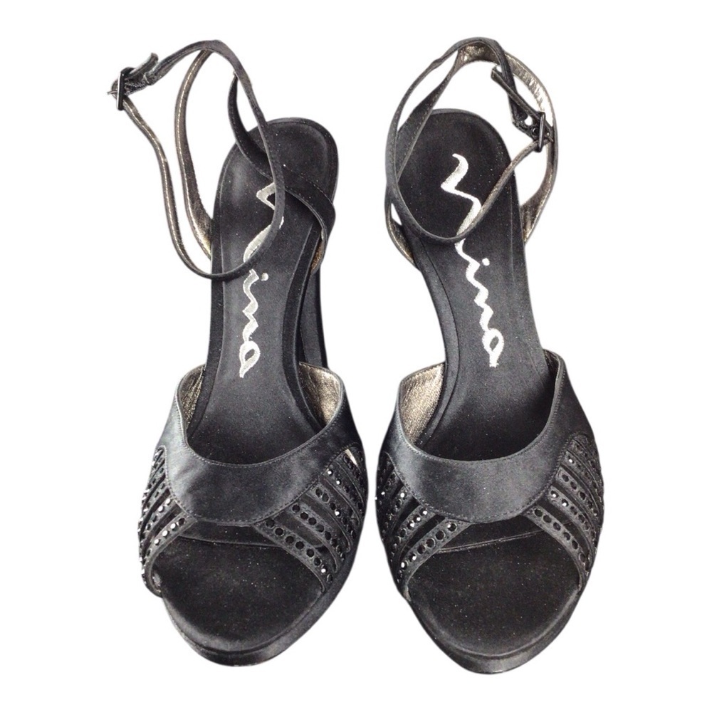 Nina Black Leather Heels with Ankle Straps size 6.5
